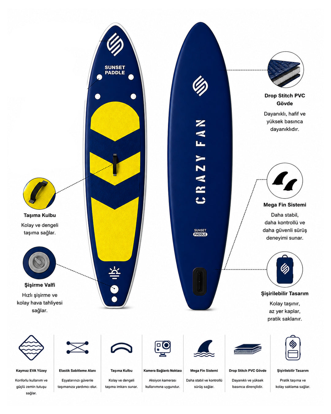 スポーツ SUP Crazy Fan Şişme SUP Board 320 cm Sarı Lacivert | BlueMall – Bluemall