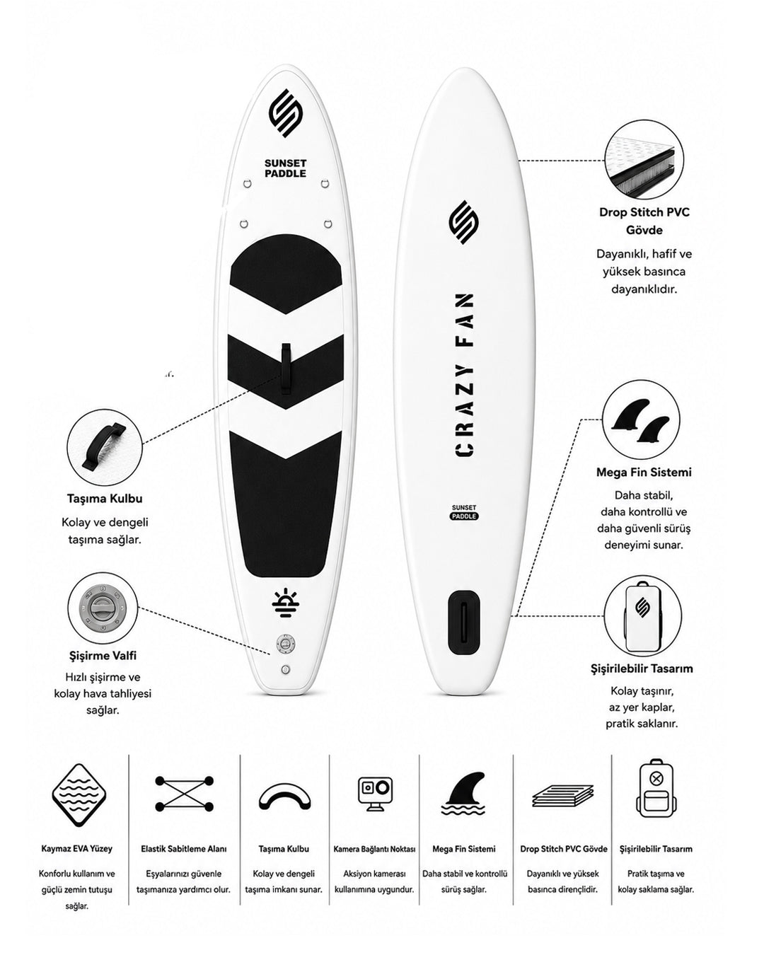 Crazy Fan Siyah Beyaz Şişme SUP Board / Paddle Board 320 cm